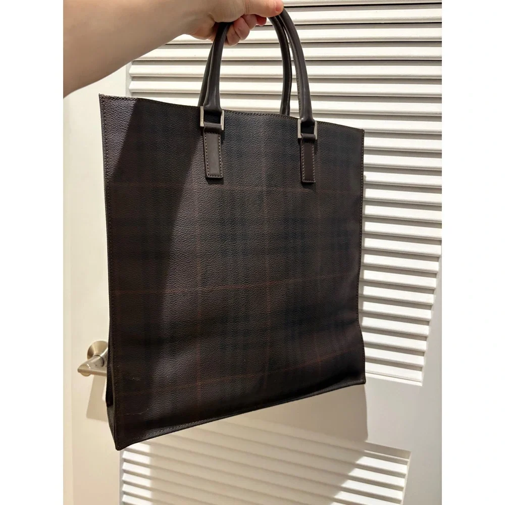 Burberry London Smoked Check Tote Bag Brown Leather Trim Made in Italy - Picture 1 of 14